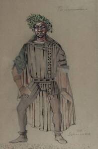 LOUDON SAINTHILL: Theatre costume design for The Canterbury Tales c1967," The Summoner", pencil, watercolour & gouache, framed. 52cm x 39cm