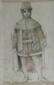 LOUDON SAINTHILL: Theatre costume design for The Canterbury Tales c1967, "The Cook", pencil & gouache, framed. 48cm x 30cm