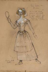 LOUDON SAINTHILL: Theatre costume design for The Canterbury Tales c1967, "Girl Dancer", pencil & gouache, framed. 50cm x 37cm 