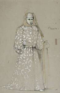 LOUDON SAINTHILL: Theatre costume design for The Canterbury Tales c1967, "Justinus", pencil & gouache, framed. 50cm x 36cm