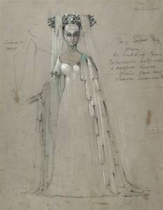 LOUDON SAINTHILL: Theatre costume design for The Canterbury Tales c1967, "May", pencil & gouache, framed. 49cm x 38cm