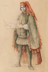 LOUDON SAINTHILL: Theatre costume design for The Canterbury Tales c1967, "The Host", pencil, watercolour & gouache, framed. 48cm x 33cm