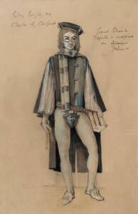 LOUDON SAINTHILL: Theatre costume design for The Canterbury Tales c1967, " Clerk of Oxford", pencil, watercolour & gouche, framed. 50cm x 33cm