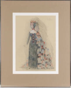 LOUDON SAINTHILL: Theatre costume design for The Canterbury Tales c1967, " The Queen", pencil, watercolour & gouache, framed. 48cm x 35cm