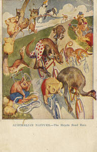 NORMAN LINDSAY & LIONEL LINDSAY: Norman Lindsay's "Australian Natives - The Bicycle Road Race" (trimmed); plus Lionel Lindsay's "Greetings from Australia", endorsed on front "Six of the Australian Cricket Team". Fair/G.