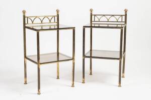 A pair of gilt metal two-tier bedside tables with smoky glass tops, Italian Circa 1950