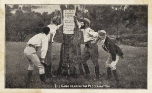 THE KELLY GANG: c1910 postcards - "The Gang Reading the Proclamation" published by Atlas Press; plus "(4) The Gang Reading the Government Proclamation. The story of 'The Kelly Gang", the Great Australian Drama. Introduced by the Colonial Picture Combine".