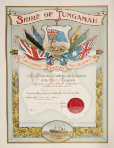 WW1 ANZAC certificate, "Shire of Tungamah, ANZACS/ For Liberty, For Justice", attractive and colourful award presented to Driver J.K.Colombini. Art work by Goldsworthy and Davey, printed by D.W.Paterson Co. [Melbourne]. Size 64 x 51cm. Small piece of corn