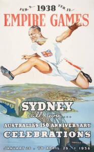 1938 "EMPIRE GAMES. Sydney calls you... Australia's 150th Anniversary Celebrations. January 26. To April 25. 1938. Linen backed, restoration lower corner due to paper loss. Condition B