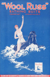 c1930s Poster advertisement for "WOOL RUSS Bathing Suits". Art work by John Vickery. Linen backed. 45.5 x 29.5cm. Condition B