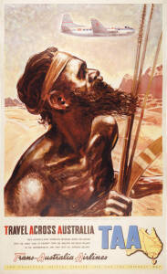 c1950 Travel poster "TAA (Trans Australian Airlines) Travel Across Australia. Late 1940s early 1950s. Art work by Warner. Linen backed. 101 x 62cm. Condition A