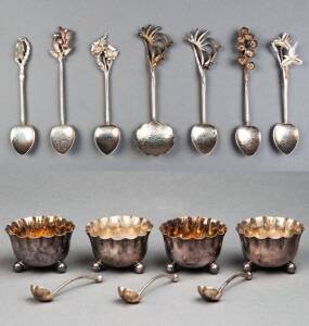 AUSTRALIAN SILVER: Set of 7 Wildflower tea spoons by Harris & Sons of Perth; PLUS, set of 4 sterling silver condiments with 3 spoons by Atkin Bros of Sheffield c1907.