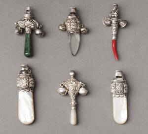 BABY RATTLES: Group of 6 miniature rattles & whistles with coral, nephrite, crystal & shell handles. 7-8cm each