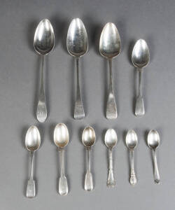 Group of sterling silver spoons including Georgian Scottish table spoons, Irish & English tea spoons etc. 1200 grams approx.