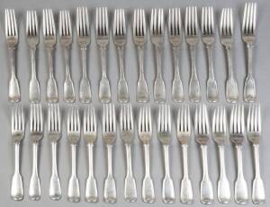 Georgian & Victorian sterling silver fiddle & thread pattern forks. 28 in total, various years & makers. 2300+ grams 