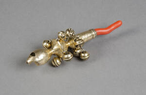 BABY RATTLE: Regency period gilded sterling silver with coral handle & 2 rows of bells. Makers mark "I.S". 15cm