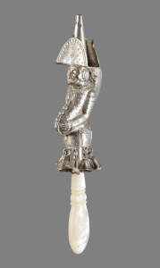 BABY RATTLE: In the form of "Punch". Whistle top & shell handle. Early 19th century