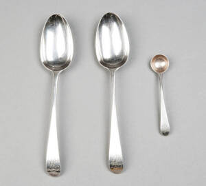 HESTER BATEMAN: sterling silver table spoon & matching mustard spoon. London 1782 and 1788.