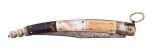 An impressive whaler's knife with tortoise shell, mother of pearl & marine ivory handle engraved with a kangaroo on one side & a British lion on the other, housed in leather sheath. Early 19th Century. 46.5cm