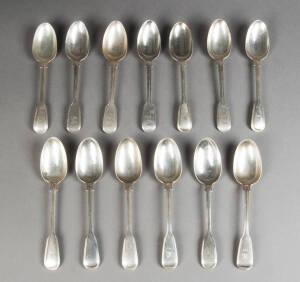 Antique sterling silver fiddle & thread table spoons: Comprising set of 6 & a pair by George William Adams of London c1861; set of 4 by Richard Pouldon of London c1823; Single spoon by Charle Ely of London c1825. 1145 grams total