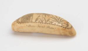 A scrimshaw whale's tooth titled "Home Sweet Home". 12cm.