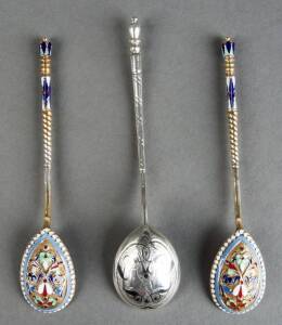 RUSSIAN SILVER: Pair of silver, enamel & gold gilt finished teaspoons by Aron Berg of St.Petersburg; plus, Russian silver niello spoon c1857 Moscow. VG condition