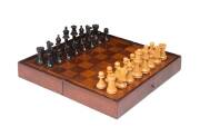 A fine Australian folding chess board, cedar and kauri pine with red pine secondaries, mid 19th Century. Together with a set of turned wooden pieces in box. 37.5cm x 37cm