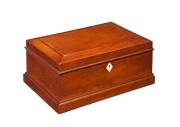 Workbox, Australian cedar with fitted lift out tray original silk interior and shell escutcheon, c1850. 14cm high, 29cm wide, 21cm deep 