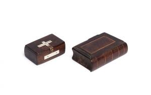 Miniature Australian cedar book box with pine string inlay (8cm x 5.5cm). Together with a miniature wooden box inlaid with a whalebone cross and name plate (6 x 4cm)NB: This lot has been identified at the time of cataloguing as containing organic material