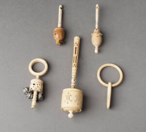 Baby Ratlles: Group of 5 antique ivory & bone ratlles & teethers.