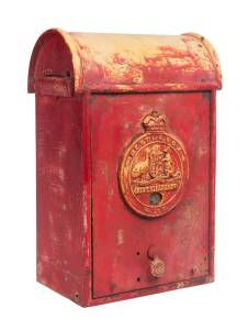 A New South Wales letterbox marked "Foster 13" with remains of red painted finish. Unusual internal mechanism for charnging mail pick up times. 58cm high, 39cm wide, 25cm deep. 
