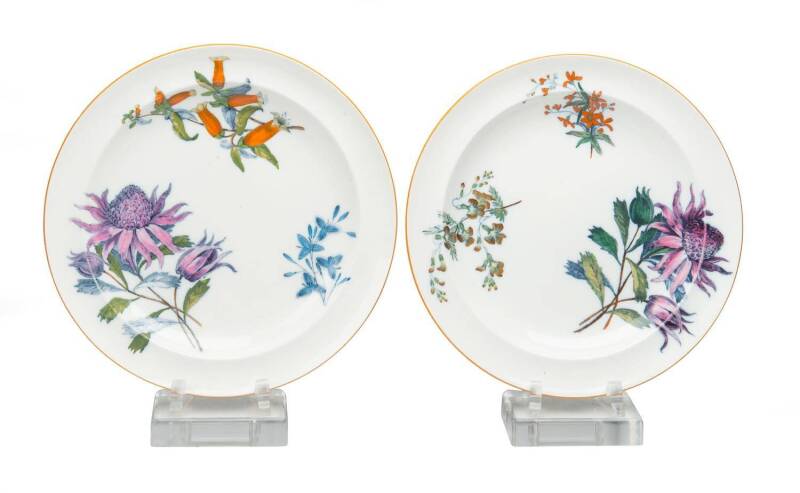 A pair of Wedgwood porcelain cabinet plates with "Australian Flora" back stamp, circa 1883 and 1884. 25cm diameter