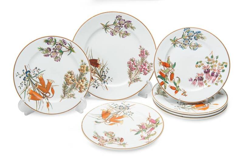 Set of 7 Wedgewood porcelain Australian Flora plates, Circa 1884. 20.5cm and 26cm