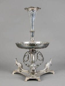 AUSTRALIANA: Impressive silver plated table centre piece. Triform base adorned with three kangaroos, engraved fruit bowl & trumpet. 53cm.