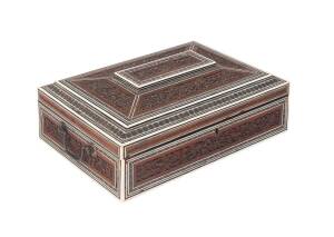 Anglo-Indian box, carved sandalwood with inlaid ivory and ebony, 19th Century. 11.5cm high, 32cm wide, 24cm deep