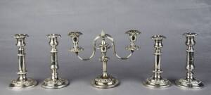 Sheffield plate 2 branch candelabra & 4 telescopic candle sticks.