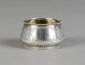 FABERGE: Russian Silver condiment pot with engraved floral motif & beaded rim. Stamped K.F in Cyrillic for Karl Faberge, one of the worlds most renown silversmiths. Stamped Moscow c1892. Good condition