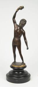 Bronze figured lamp of an Aborigine, signed "P.Blandin", on turned timber plinth, early 20th Century. 66cm