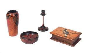 Poker work art deco huon pine vase, gumnut bowl, magpie box & candlestick, circa 1930's. Vase 20cm. 
