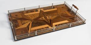 An Australian inlaid timber serving tray, Queensland origin with makers label "Thos. Griffith, Nth Tamborine", early 20th Century. 56 x 37cm