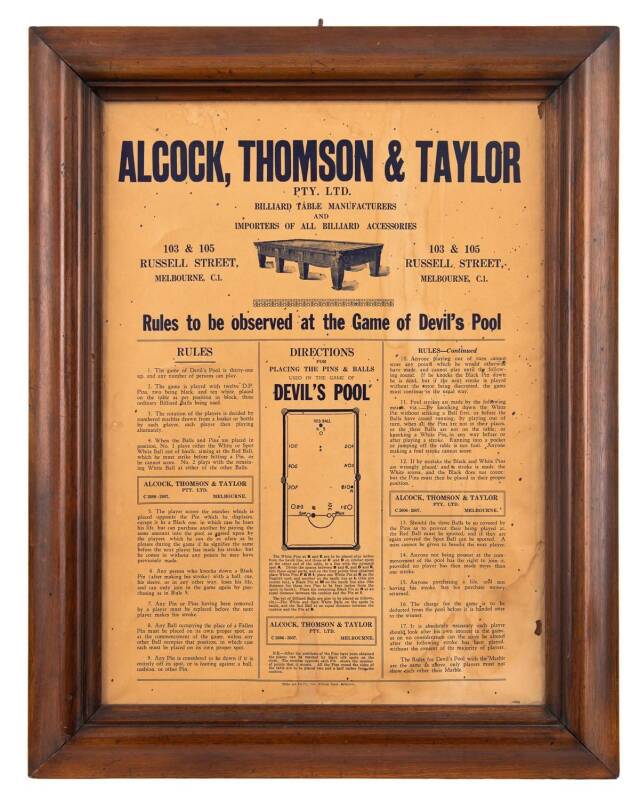 Alcock, Thomson & Taylor framed "Rules to be observed at the Game of Devil's Pool". Housed in a 19th Century Australian cedar frame. Frame 47 x 60cm