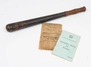 Prison Baton, 19th Century with Queen Victoria's cypher, 48cm. Together with booklets (2) including "Extracts from the Rules and Regulations relating to Penal Establishments and Goals" [Melbourne, 1925]. - 2