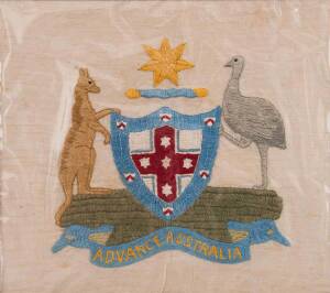 "ADVANCE AUSTRALIA" cotton embroidery on linen, circa 1908; 41.5 x 45cms. 