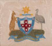 "ADVANCE AUSTRALIA" cotton embroidery on linen, circa 1908; 41.5 x 45cms. 