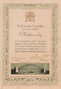 SYDNEY HARBOUR BRIDGE: Certificate from the Executive Committee for the Sydney Harbour Bridge Celebrations signed by the Chairman of the Committee and the Lord Mayor of Sydney, Samuel Walder; dated 19 March 1932; 31.5 x 21.5cms. (faults, but no losses).