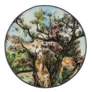 A reverse glass circular landscape painting, artist unknown, mid 20th Century. 27cm diameter