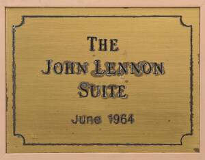 THE BEATLES: Plaques removed from the Southern Cross Hotel in Melbourne - "The John Lennon Suite, June 1964", "The Paul McCartney Suite, June 1964", "The George Harrison Suite, June 1964" & "The Ringo Starr Suite, June 1964", each 28x23cm. Fair/G conditio