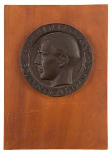 Bronze plaque "H.R.H The Duke Of Kent. Gov. Gen. Of Australia 1939" by Andor Meszaros. Mounted on timber board. Bronze 14cm diameter