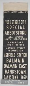 SYDNEY BUS DESTINATION ROLL: "SOUTH & WEST AREA No.1" which includes York Street City, Ashfield Station, Balmain, Bankstown Hosp., Belmore Station, Birchgrove, Burwood Station, Cabarita Junction, Caringbah Station, Chiswick, Circular Quay, Darling Street 