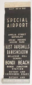 SYDNEY BUS DESTINATION ROLL: "EAST No.1A BOX" which includes Airport, Anzac Parade Moore Park, Aust Papermills, Bellevue Hill School, Bondi Beach, Bondi Junction Station, Botany Cemetery, Botany Shops, Bronte Beach, Circular Quay, Coogee Beach, Cricket an